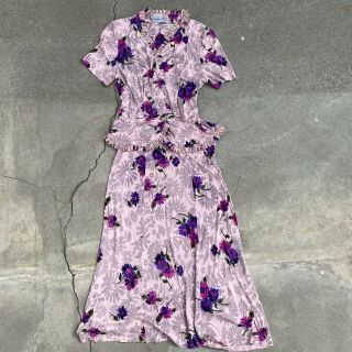 Vintage 1940s Jersey Rayon Floral Print Dress Set Top & Skirt Purple Daisy 1930s