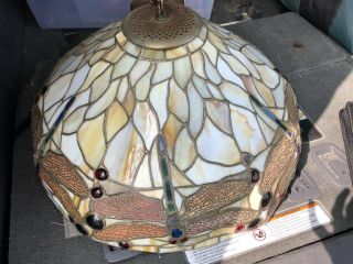 Large Vintage Tiffany Style Stained Glass Shade,  Dragonfly Jeweled Golden Brown