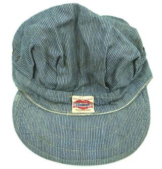 Vintage Carhartt Union Made Sanforized Heart Label Hickory Stripe Train Hat Cap