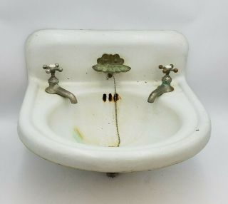 Antique Vtg Cast Iron Porcelain Bathroom Sink 2 Faucet Soap Dish 19 " W 17 - 1/2 " L