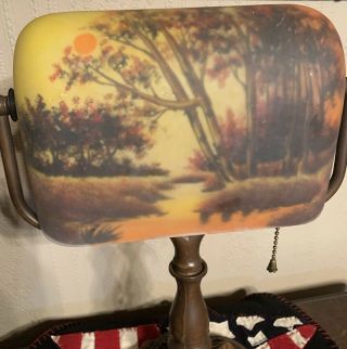 Vtg Reverse Painted Forest Scene Glass Shade Banker Student Table Ornate Lamp 2