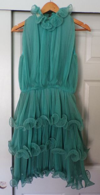 Vintage 1960s Travilla Sleeveless Ruffled Aqua Dress Size 10