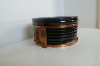 Vintage Bauer Pottery Ring Ware Black Refrigerator Jar,  Lid,  Stand - VERY RARE (3pc) 3