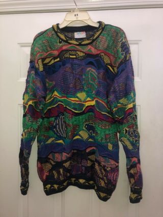 Vintage Coogi Australia Crew Neck Hand Knitted Multi - Color Sweater Size L