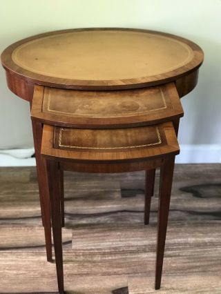 Mahogany Or Walnut Vintage Leather Top Nesting Tables Sturdy And Strong