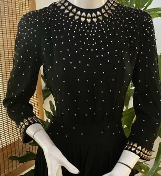 1940 Valentines Heart Dress Black Crepe Evening Sprinkled With Metal Hearts