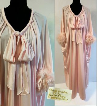 Vintage Claire Sandra By Lucie Ann Beverly Hills Pink Caftan Gown Feathers Mumu