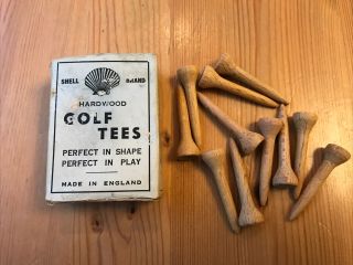 Box Of Vintage Halley " Shell Brand " Wooden Tee Pegs