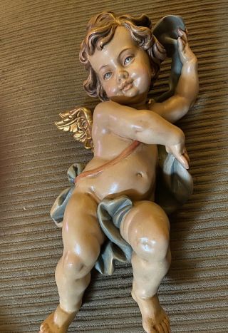 Italian Vintage Hand Carved Wooden Angel Cherub Statue Sculpture - 13.  5”