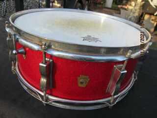 Vintage Ludwig 14 " Red Sparkle Snare Drum With Keystone Badge 8 Lug Per Side