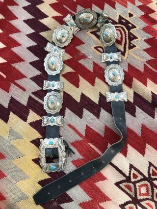 Great Signed Hmj Vintage Sterling Silver Turquoise Navajo Southwest Concho Belt
