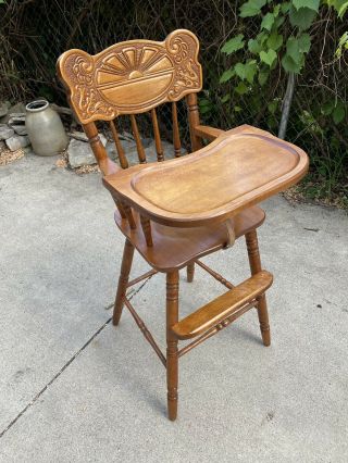 Detailed Vintage Oak ? Press Back Wooden Baby Feeding Youth High Chair & Tray
