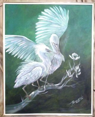 Vintage Landscape Trees Oil Painting Artist Signed Snowy Egrets Tropical Birds