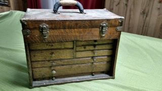Portable Vintage 8 Drawer Machinist Tool Chest Box Oak Wood With Tools