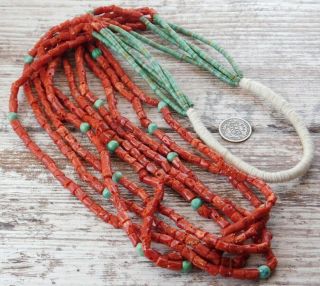 Vtg Santo Domingo Old Pawn Red Coral Turquoise Heishi Bead Squaw Wrap Necklace
