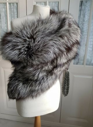 Vintage Luxurious Real Silver Fox Fur Stole Wrap Sexy