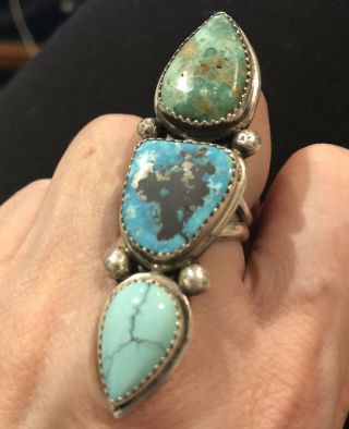 Vintage 3 Stone Navajo Turquoise Ring Sterling Silver Signed Size 7