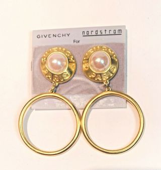Givenchy Vintage Earrings Jumbo Hoop Clip - On Logo Faux Pearl Signed