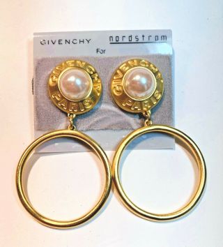 Givenchy Vintage Earrings Jumbo Hoop Clip - On Logo Faux Pearl Signed 2