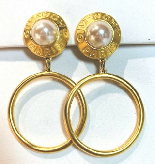 Givenchy Vintage Earrings Jumbo Hoop Clip - On Logo Faux Pearl Signed 6