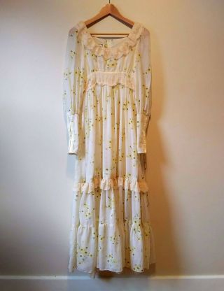 Vintage Gunne Sax Ivory Prairie Dress With Flowers And Lace Trim Petite Xs/s