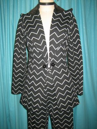 Vtg 70s Domani Knit Chevron Black White Tux Bell Bottom Power Pant Jacket Suit S