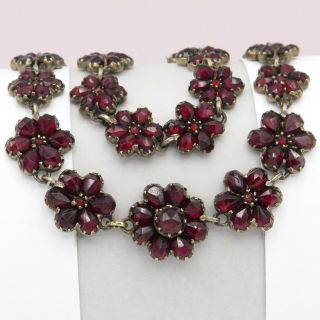 Antique Victorian Bohemian Garnet Cluster Flower Necklace