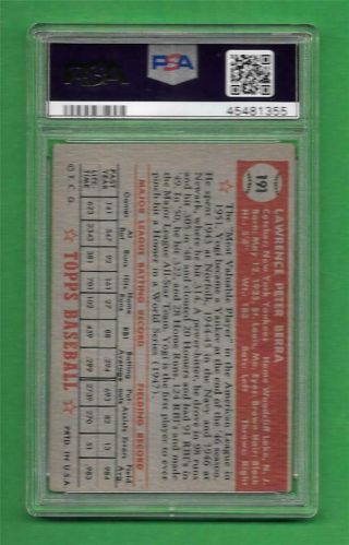 1952 Topps 191 Yogi Berra PSA VG 3 York Yankees vintage baseball card 2