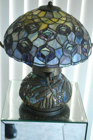 Vintage Tiffany Style Art Stained Glass Lamp - Dragonfly Base/