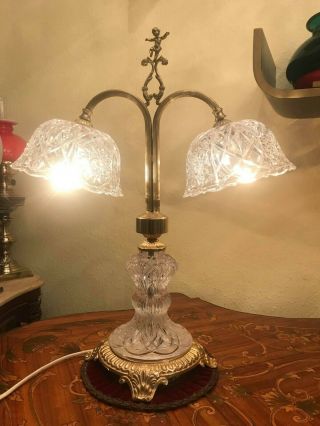 Rare Vintage 2 Headed Crystal Glass Brass Electric Table Lamp Eu/us Plug