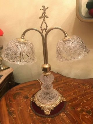 RARE Vintage 2 Headed Crystal Glass Brass Electric Table Lamp EU/US Plug 2