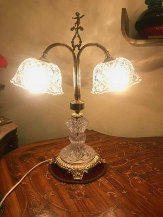 RARE Vintage 2 Headed Crystal Glass Brass Electric Table Lamp EU/US Plug 4