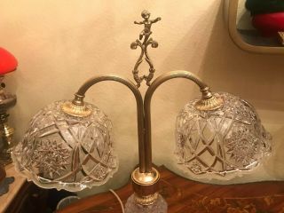RARE Vintage 2 Headed Crystal Glass Brass Electric Table Lamp EU/US Plug 5