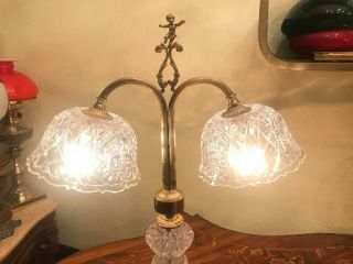 RARE Vintage 2 Headed Crystal Glass Brass Electric Table Lamp EU/US Plug 6