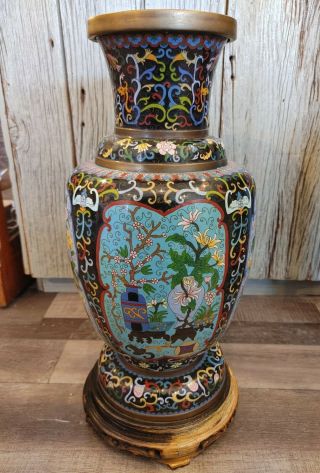 Large Antique Chinese Cloisonne Bronze Urn Planter Vase On Wood Base Vtg Old