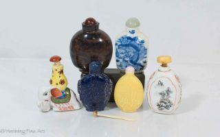 Set Of 6 Antique / Vintage Chinese Snuff Bottles,  Four Porcelain,  Two Stone