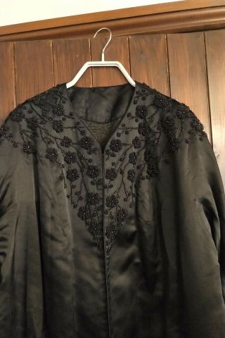 Vintage Silk Satin Black Beaded 1950s Swing Evening Coat