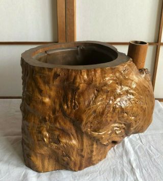 Japanese Vintage Wood Charcoal Hibachi Fire Holder Blazer Wood Trunk H.  8.  26 Inch