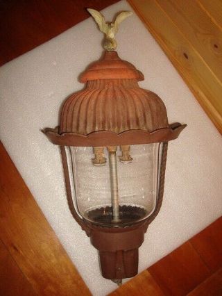 Antique/ Vtg Unique 22” Outdoor Cast Metal Gas Post Lantern Light W Eagle Finale