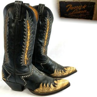 Vintage 1980s Tony Lama Fire Walker Black And Lizardskin Cowboy Boots 10.  5 D