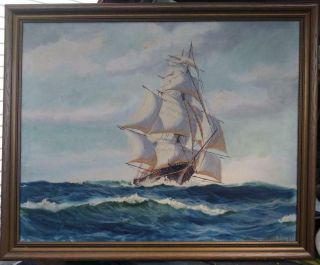 Vintage Old American Nautical Ship Boat Seascape Oil Painting Boston B.  Snyder