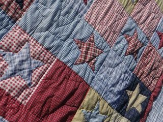 Fine Vintage Usa Field Of Barn Stars Farmhouse Country Star Gingham Old Quilt