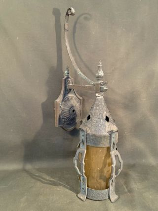 Antique Hammered Tudor Sconce W Amber Crackle Shade - Vintage Arts Crafts Light