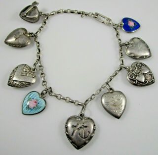 Puffy Heart Charm Bracelet Sterling Silver Vintage Enamel 16.  9 Grams