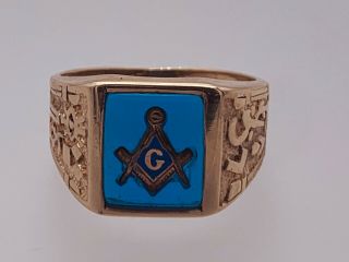 Vintage 10k Yellow Gold Masonic Ring Blue Stone Square Rectangle Mason