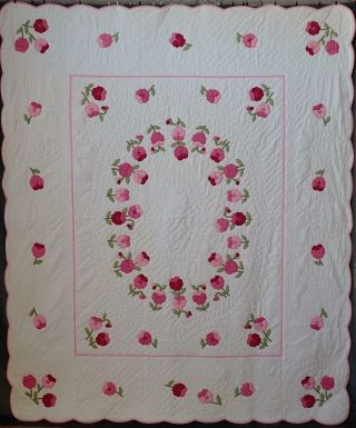 Lovely Vintage Pink & White Applique Pansy Quilt 96x78
