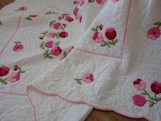 Lovely Vintage Pink & White Applique Pansy QUILT 96x78 2