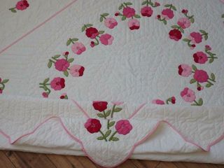 Lovely Vintage Pink & White Applique Pansy QUILT 96x78 4