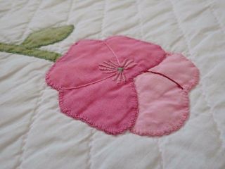 Lovely Vintage Pink & White Applique Pansy QUILT 96x78 5