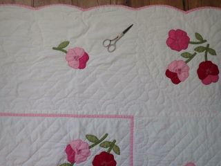 Lovely Vintage Pink & White Applique Pansy QUILT 96x78 6